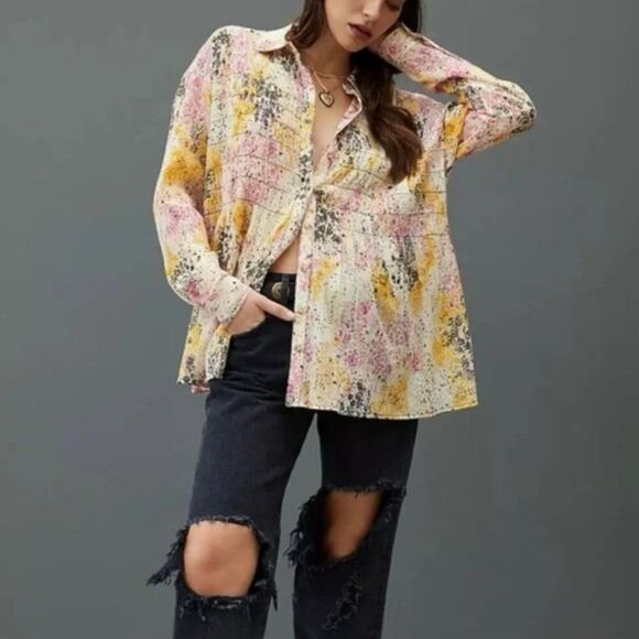 Anthropologie Tops - Pilcro Smocked Buttondown Shirt Size Large Oversized Relaxed Speckled Floral